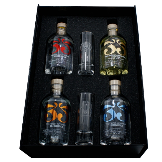 프리미엄 크레타 제작 키투스 기프트 세트 - 4x200ml, 35도, 조각된 잔들의 그림