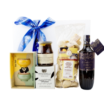 Greek Salad Luxury Gift Box – White Magnetic Box with Ribbon Luxury Greek Salad Gift Box with EVOO, Dakos, Olives, Ladotyri Cheese & Ceramic Bowl in a white magnetic box with ribbon