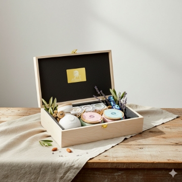Customizable Greek Gift Box for Clients Lifestyle photo of the gift box with a custom ribbon and personalized gift card on a table