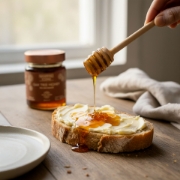 Hand drizzling rich, dark Greek Oak Honey from a dipper onto artisanal bread with butter, next to a Navarino Icons honey jar. Gourmet breakfast or snack, showcasing the honey's luxurious texture and color.