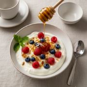 Close-up of creamy Greek yogurt topped with fresh raspberries, blueberries, toasted almonds, and a generous drizzle of golden Greek Oak Honey from a wooden dipper. Healthy and luxurious gourmet breakfast or dessert.