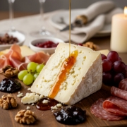 Elegant charcuterie and cheese board with Greek Oak Honey drizzled over a wedge of artisanal cheese. Features cured meats, grapes, walnuts, and fig jam. Ideal for a luxury gourmet pairing or entertaining.