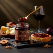 An elegant gourmet cheese board pairing, showing the rich texture of Navarino Icons Plum Marmalade on a spoon, alongside assorted cheeses, walnuts, and a glass of red wine.