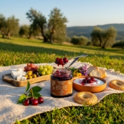 A Greek picnic scene showing Navarino Icons Sour Cherry Spoon Sweet served with Greek yogurt and a traditional cheese and olive platter.