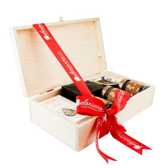 Luxury Greek Morning Gift Box open with products, tied with a personalized elenianna red ribbon.