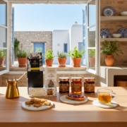 Artisanal Greek breakfast display with Kifonidis coffee, Mouriki tea, and Navarino Icons marmalade.