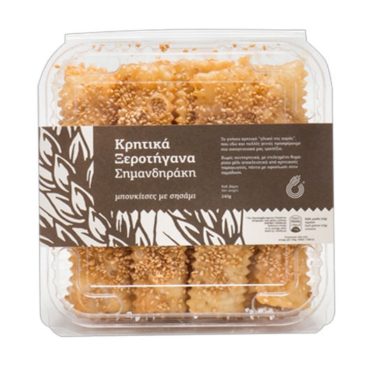 Close-up of 240g packaging for Simantiraki Xerotigana Bites with Honey and Sesame showing golden fried texture.