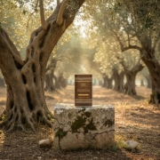 Navarino Icons olive oil tin displayed on an ancient stone plinth in a sun-drenched Greek olive grove with centuries-old trees.