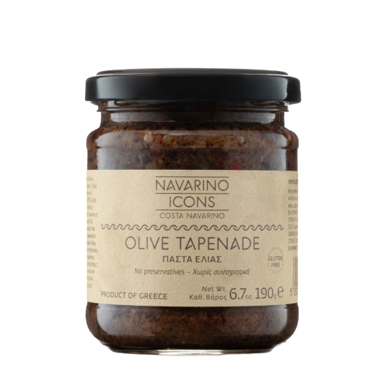 Navarino Icons Olive Tapenade 190g jar with Kalamon and green olives in extra virgin olive oil.