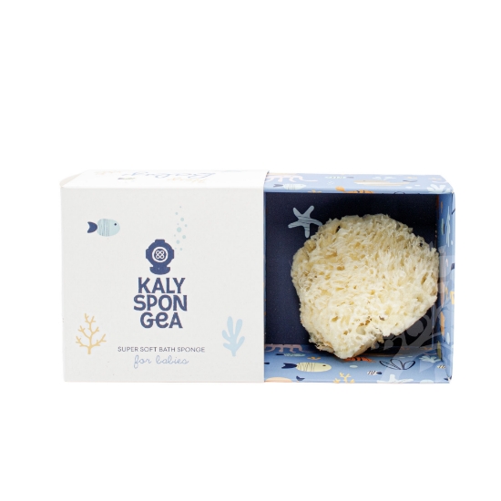Luxury Kalyspongea natural Greek sea sponge presented inside its decorative drawer-style gift box, ideal for hypoallergenic baby bath care.