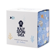 Premium Kalyspongea super soft bath sponge for babies in a blue and white illustrated gift box featuring marine-themed sustainable packaging.