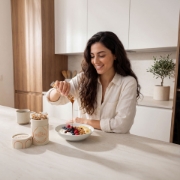A person using a single 8g Mouriki Oak Honey Stick to sweeten a hot beverage, highlighting the easy-to-use on-the-go format
