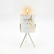 Aurean Pantheon luxury scented candle with gold accents on elegant metal stand – premium Greek candle decor