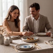 Couples dining with handcrafted Aegean Eye ceramic plates and bowls in a luxury professional environment.
