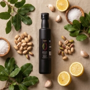 Aegina Premium Pistachio Oil - Cold-Pressed PDO Greek Nut Oil shown in a premium ingredient detail ecommerce product image