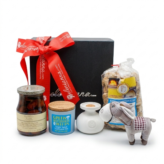 Filos the Donkey Delivers: Greek Salad Essentials Gift Box on a clean ecommerce background
