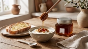 Theta Chamomile Honey with Nutrition per 10g Serving on a clean ecommerce background